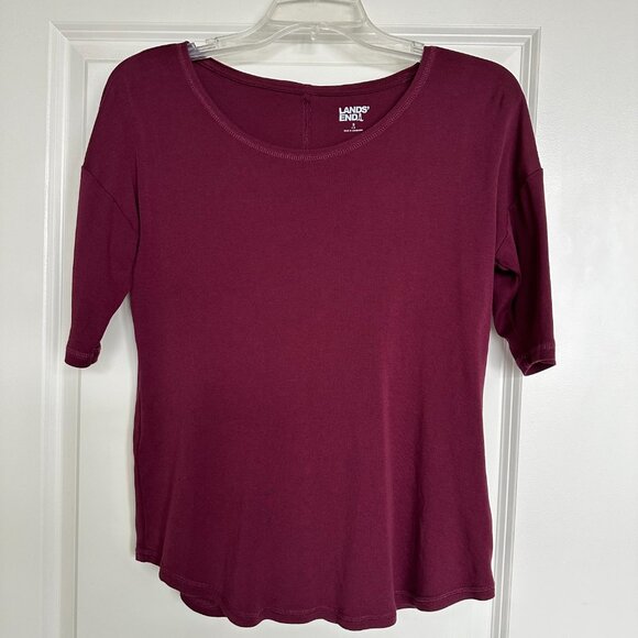 Lands' End Women's Top Burgundy Red Cotton Modal Elbow Sleeve Balletneck - Picture 2 of 8